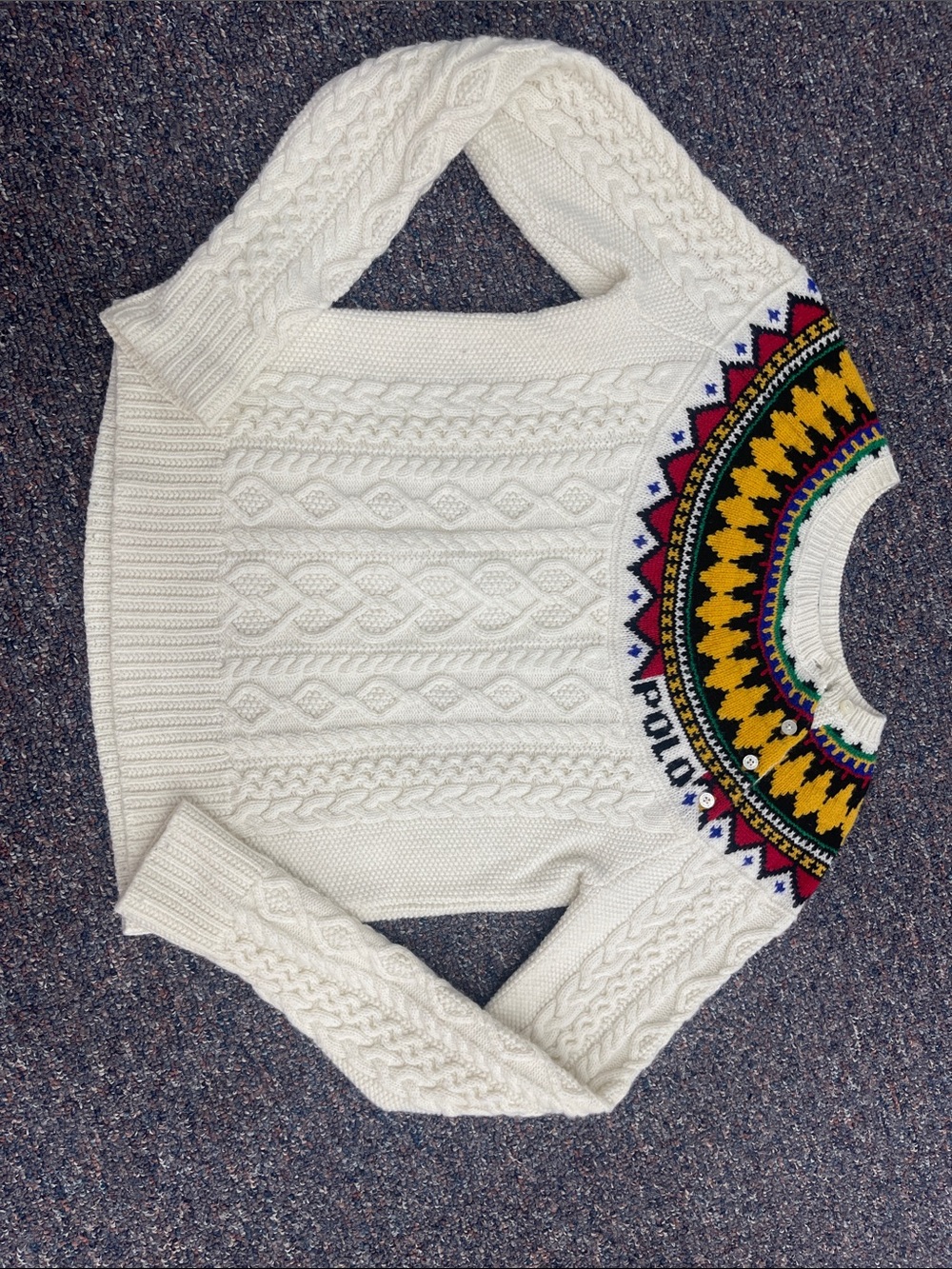Polo by Ralph Lauren Cream Cable Knit Sweater with Multicolor Fair Isle Yoke